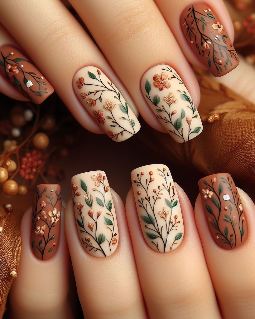 Embrace the outdoors with rustic tiny flowers and vines! This delicate nail art adds a touch of whimsy to your fingertips. 