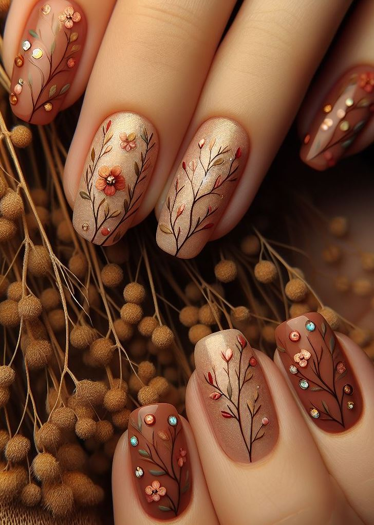 Who says simple can't be stunning? Tiny rustic florals and vines create a timeless, yet eye-catching nail design.