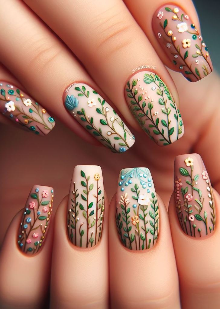 Calling all boho lovers! Elevate your free spirit with this enchanting nail art featuring tiny florals and delicate vines. 