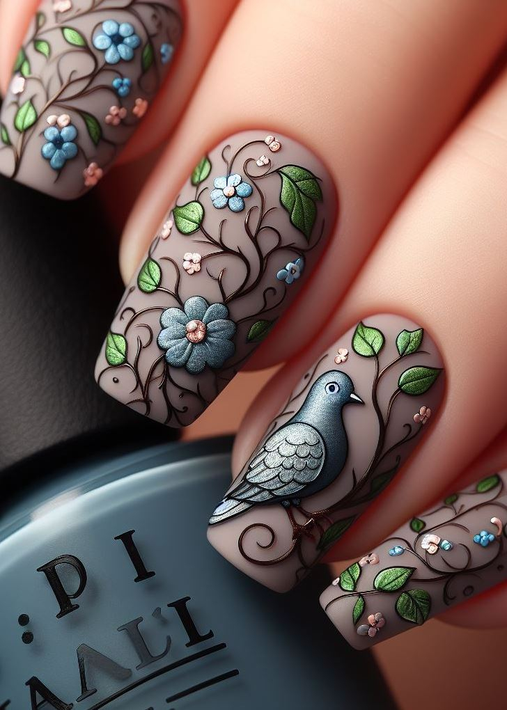 Coo over these cute pigeon-inspired nails! Tiny flowers and vines with a touch of grey create a feathery-chic look. 