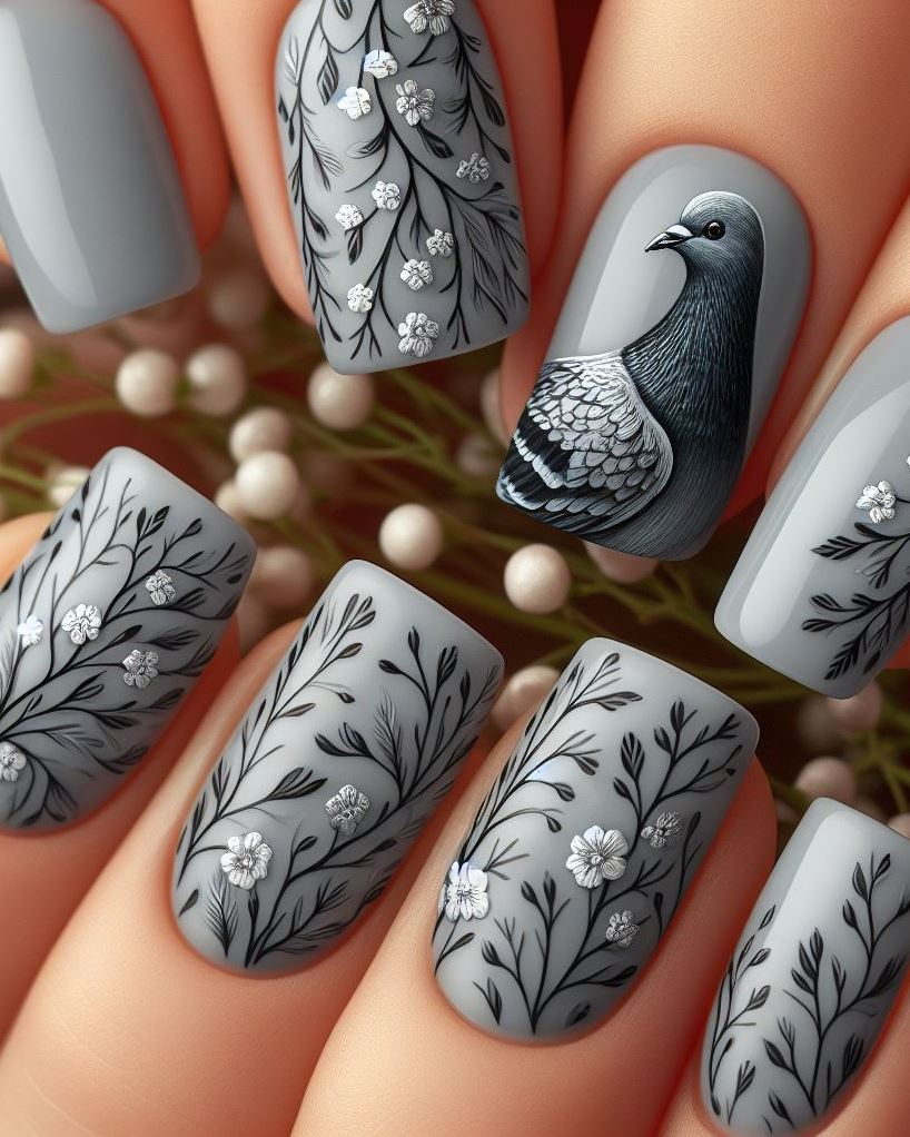 Show your love for our feathered friends with this playful nail art! Delicate vines and tiny blooms in muted tones create an adorable pigeon paradise.