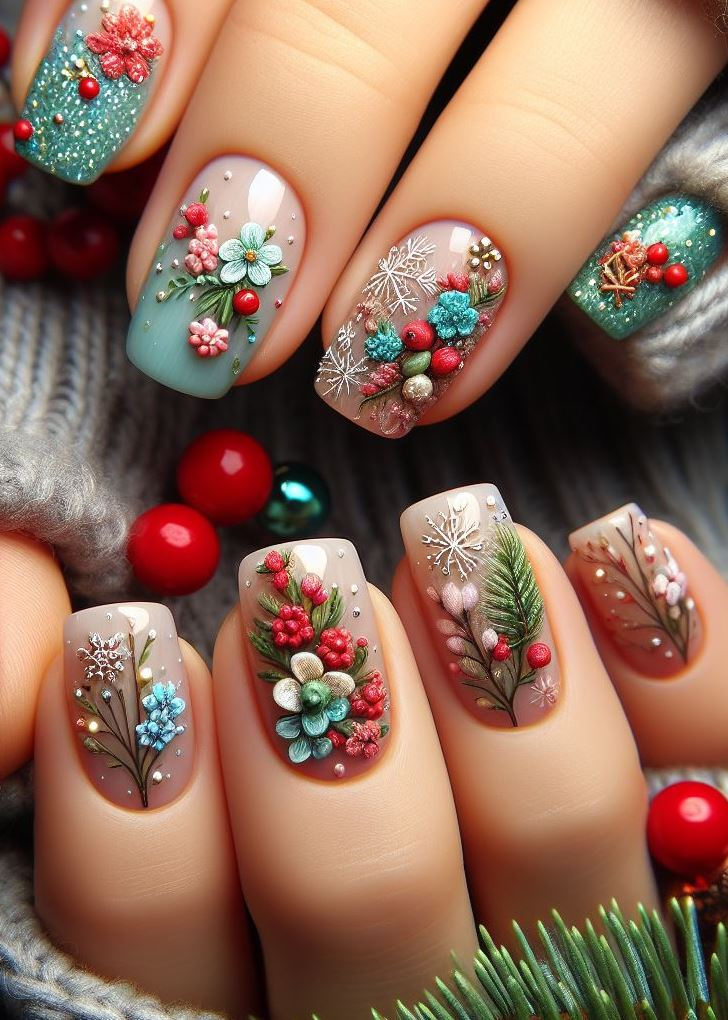 Jingle all the way with these adorable Christmas nail designs! Delicate holly vines and tiny candy cane flowers add a touch of whimsy to your holiday cheer.