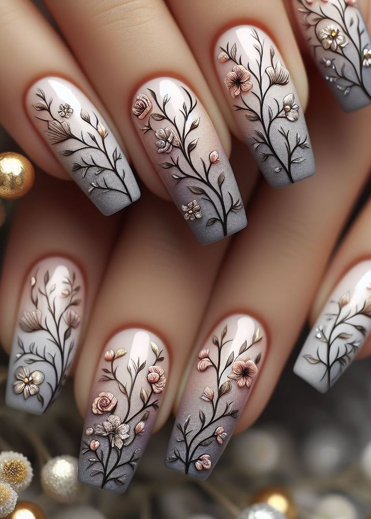 Embrace the elegance of grey! Tiny charcoal flowers and silver vines create a chic and sophisticated nail design.