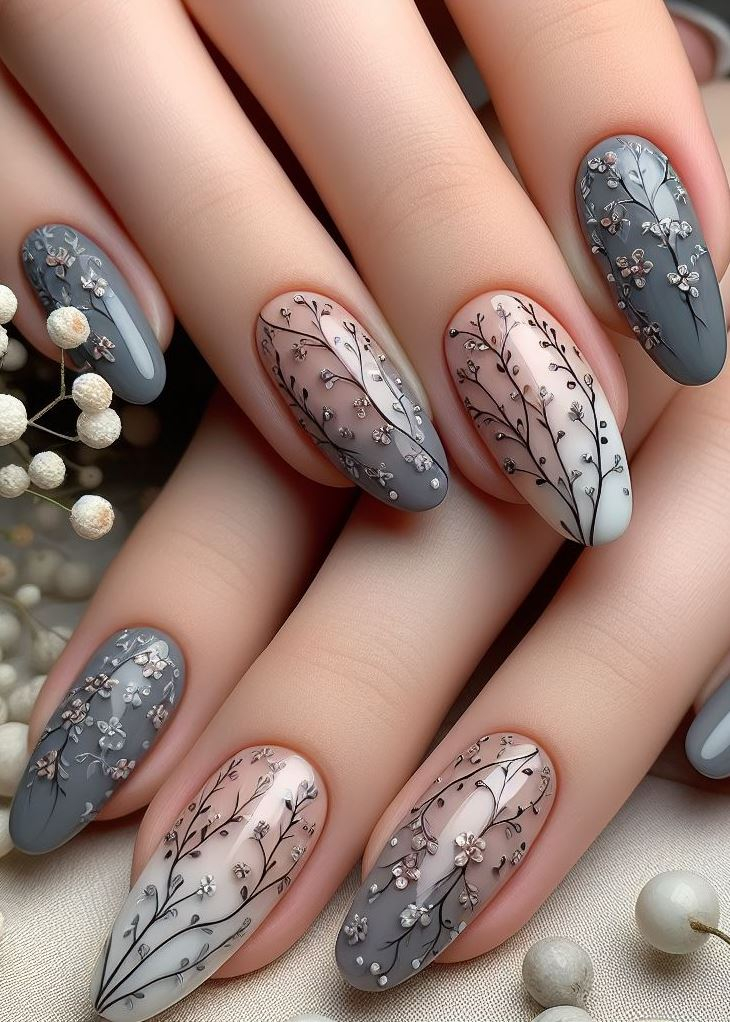 Go monochrome with a touch of whimsy! Delicate grey flowers and vines add a playful touch to your fingertips for a cool-toned look. 