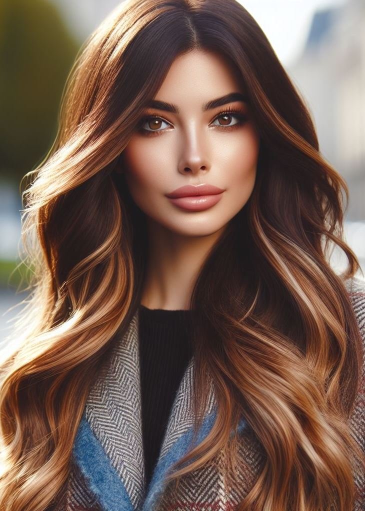 Espresso Hair with a Hidden Secret: Caramel balayage on espresso brown hair creates a subtle sun-kissed effect, revealed with movement. Get inspired by these stunning looks! ➡️☀️