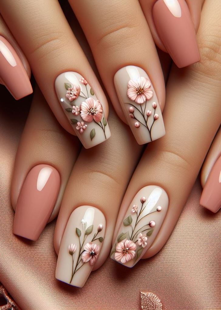 Enhance your natural beauty! Nude with tiny pastel flowers and soft green vines adds a touch of springtime charm to your fingertips.