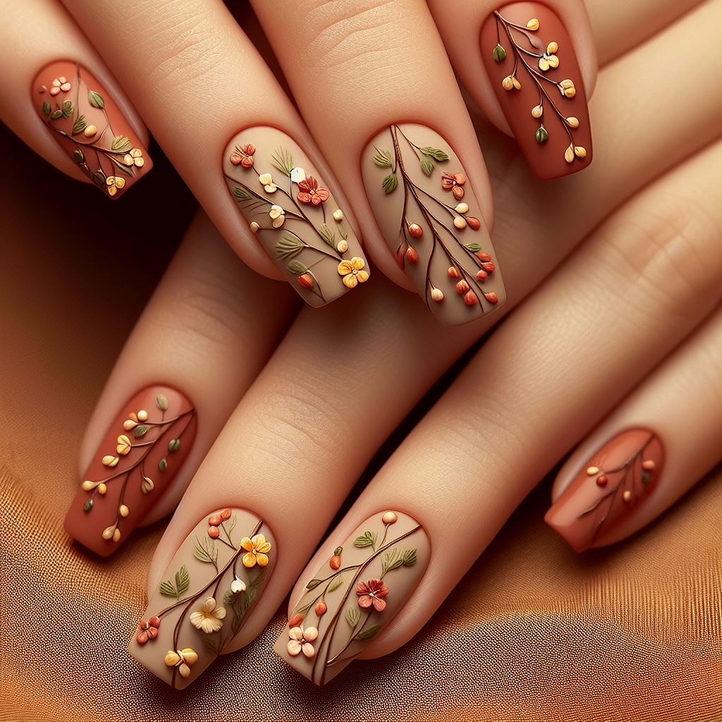 Ditch the bright and bold! Warm earthy toned floral nail art featuring tiny flowers and vines is a calming and sophisticated way to embrace nature's beauty. (Floral Nail Art Ideas)