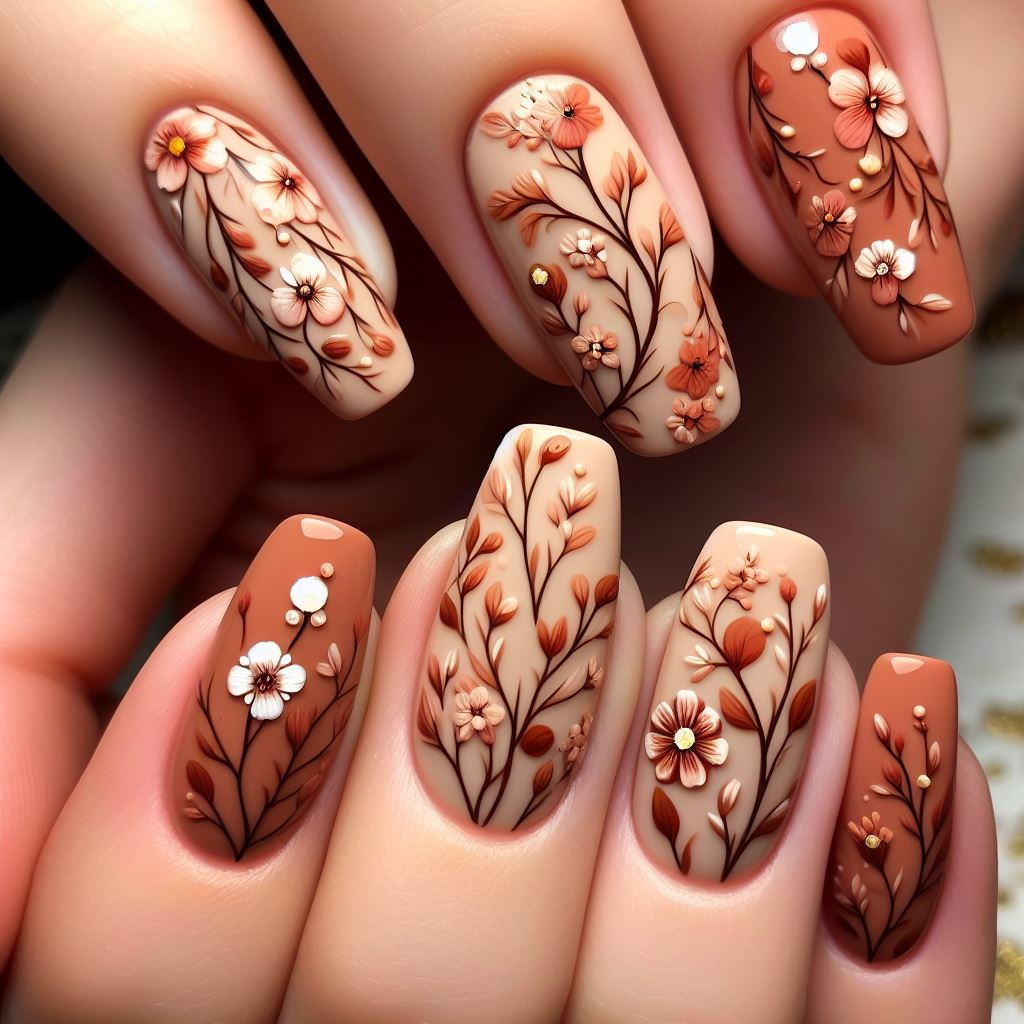 Channel the serenity of the earth with this floral nail art design! Delicate wildflowers in soft yellows and purples bloom amidst earthy browns and beiges, creating a calming and elegant look.