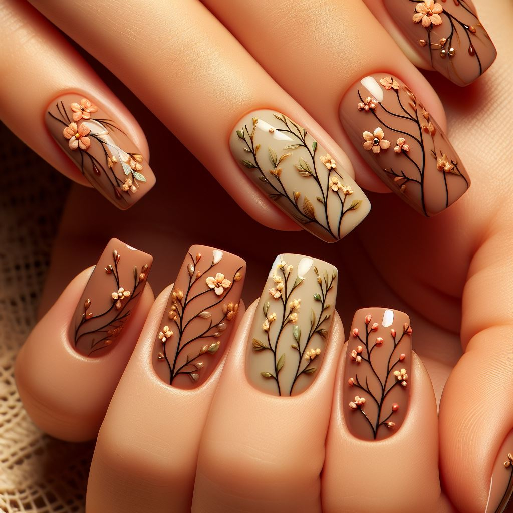 Nature's beauty captured on your fingertips! ✨ Warm earthy toned floral nail art with delicate wildflowers and vines is a calming and sophisticated way to express your love for the outdoors.