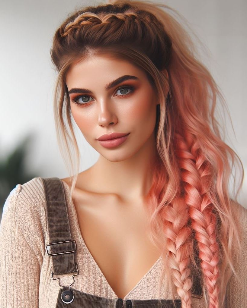 Braided Bun Updo: Elevate your hairstyle for a special occasion with a braided bun featuring strawberry blonde hair and pink accents. Sophistication with a touch of fun!