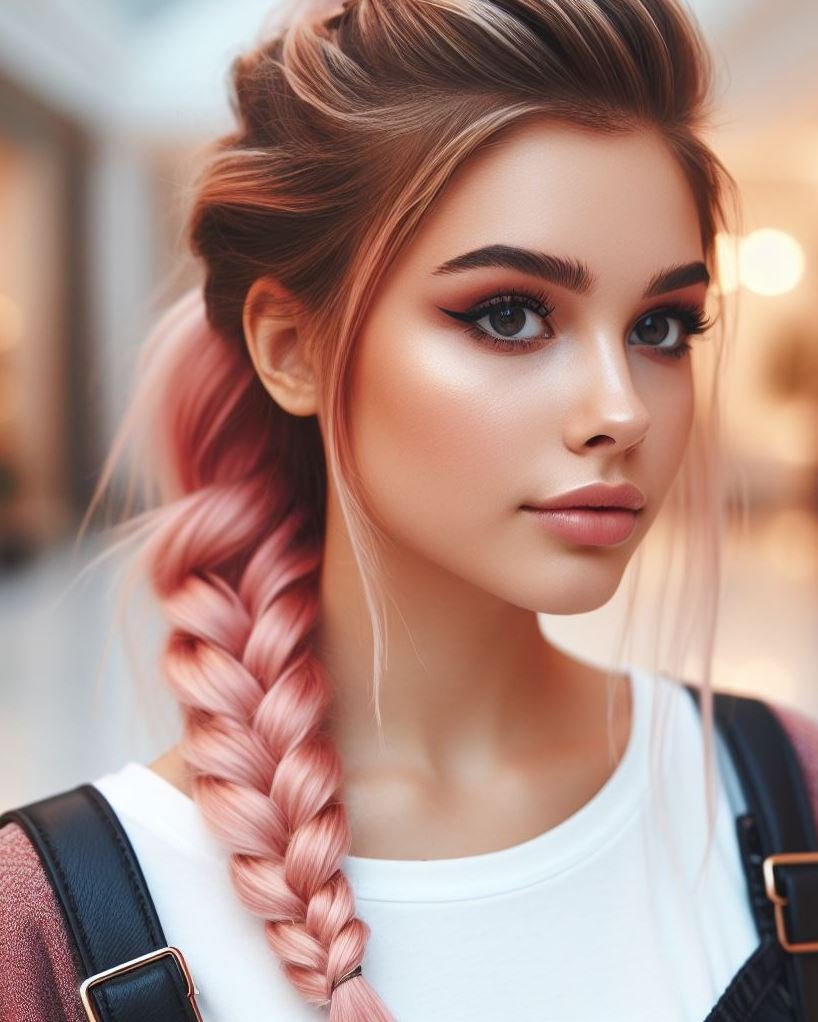 French Braid Flair: Elevate your everyday look with a classic French braid styled with strawberry blonde hair and pops of pink throughout. Simple yet stylish! 