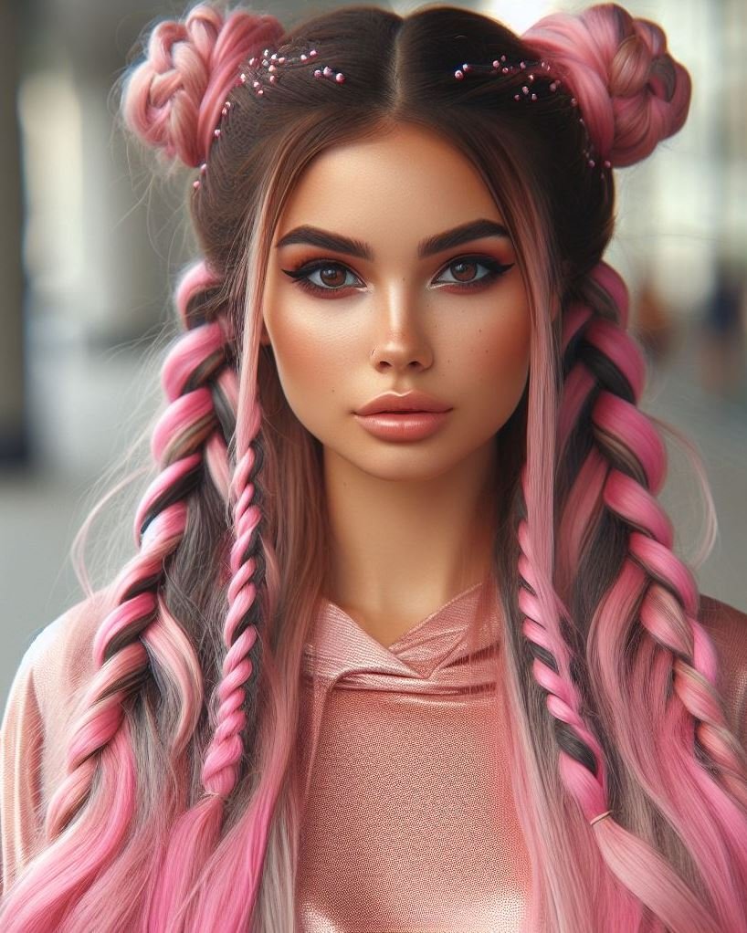 Out-of-This-World Style: Bubblegum pink space buns with glitter roots take your hairstyle to a whole new galaxy! 