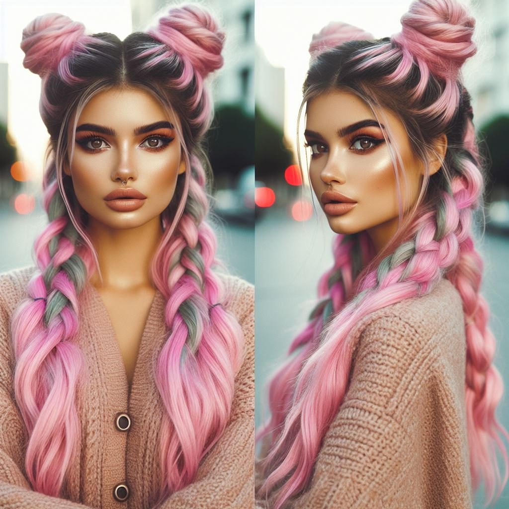Glitter Galaxy on Pink: Sparkling glitter roots and braided bubblegum pink space buns create a show-stopping look.