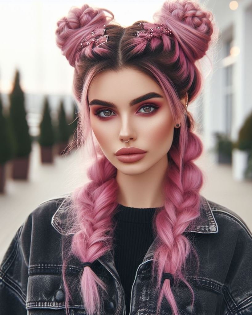 90s Vibe Revival: Channel your inner spice girl with glitter roots and braided bubblegum pink space buns.