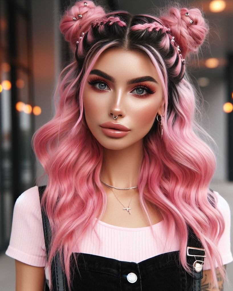 Mermaid Magic Meets Space buns: Bubblegum pink space buns with glittery roots add a touch of whimsy to your mermaid vibes.