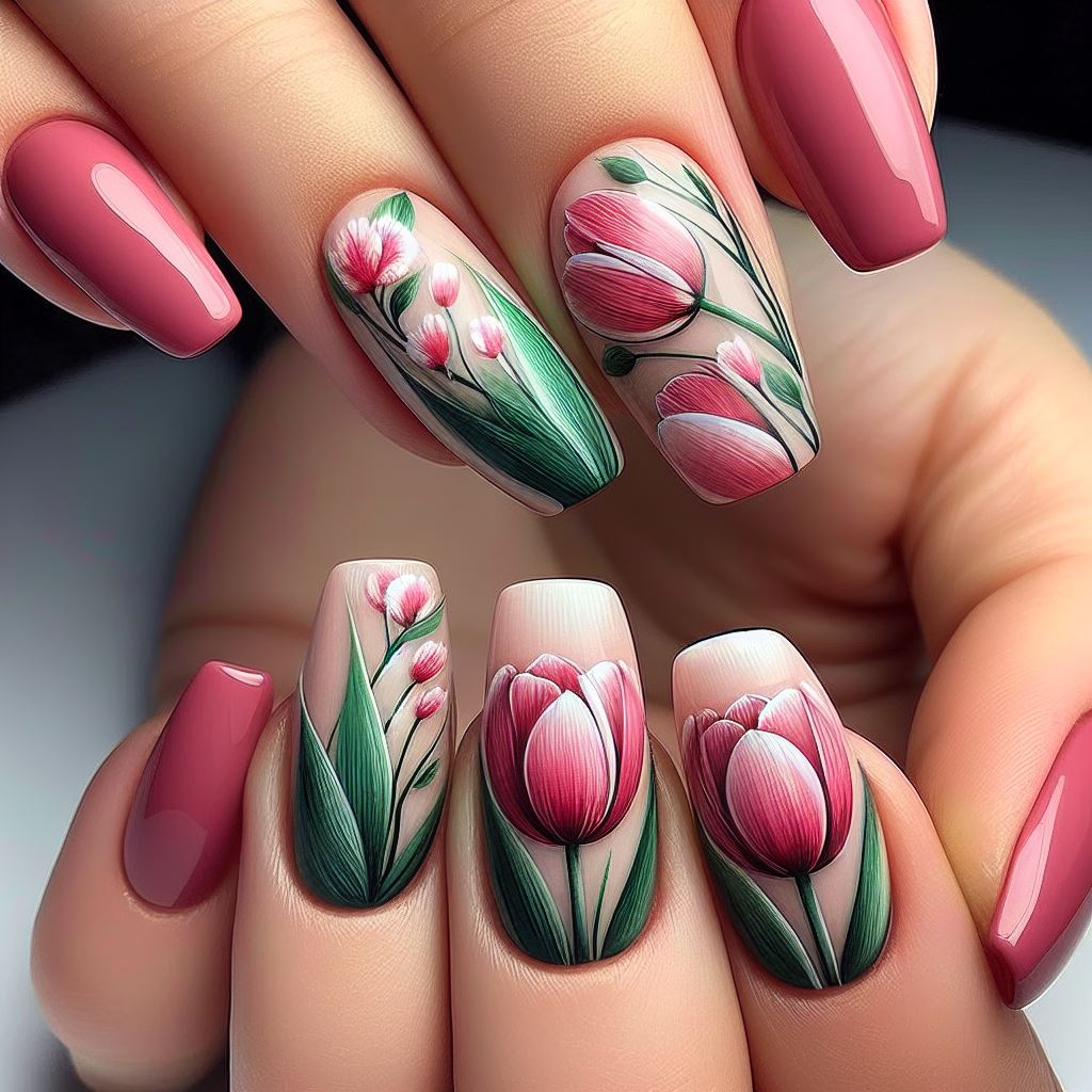 Spring has sprung! Celebrate the season with vibrant tulip nail art. Choose classic single blooms or a field of colorful mini tulips - the possibilities are endless! 