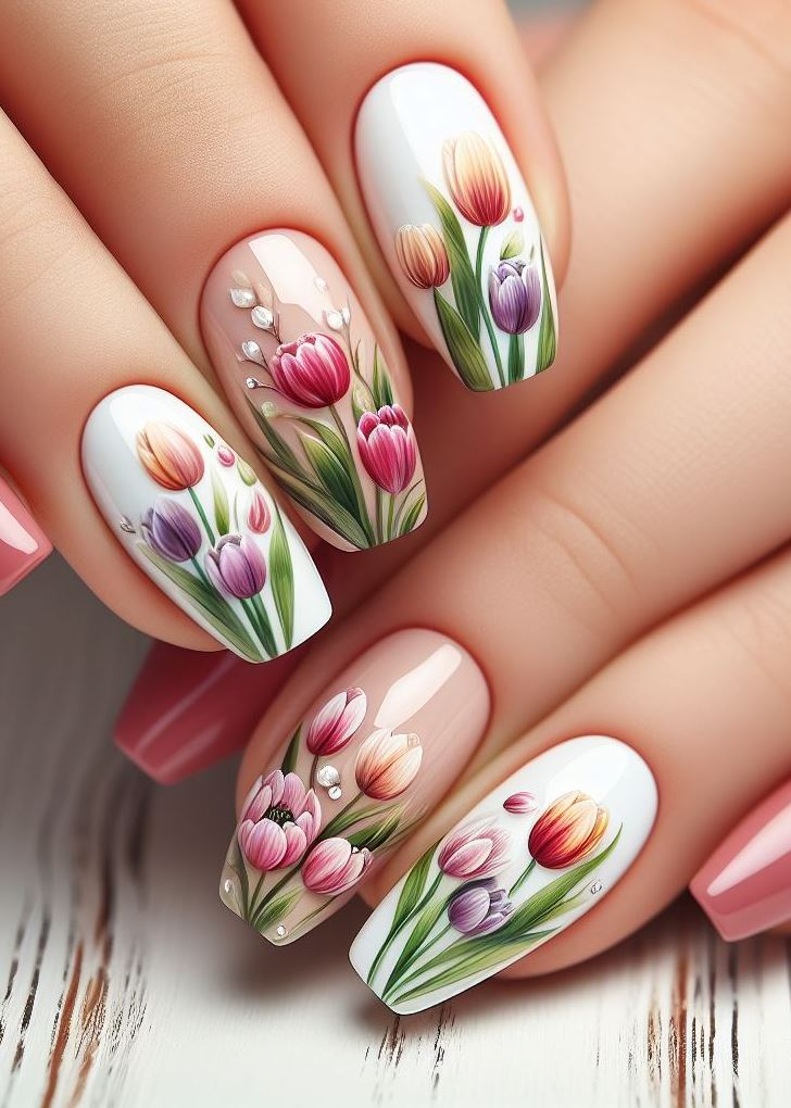 Feeling artsy? Embrace negative space tulip nail art! Leave the tulip silhouette empty and surrounded by color for a modern and eye-catching design. 