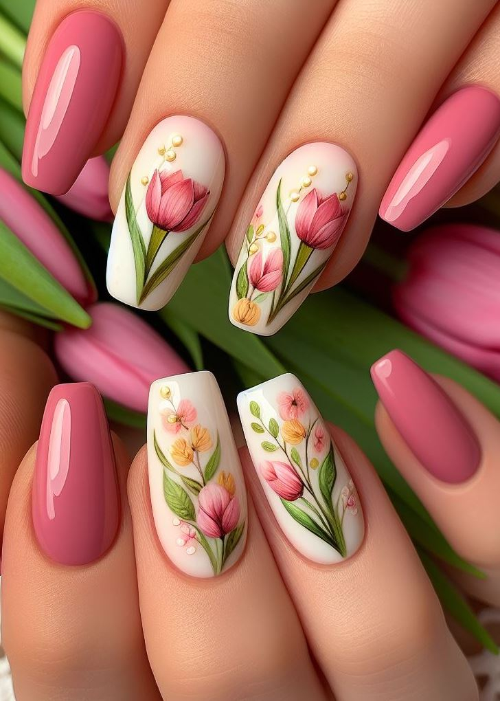 Go beyond the basics! ✨ Explore ombre tulip nail art with vibrant colors transitioning into a soft base for a touch of elegance. (Floral Nail Art Ideas)