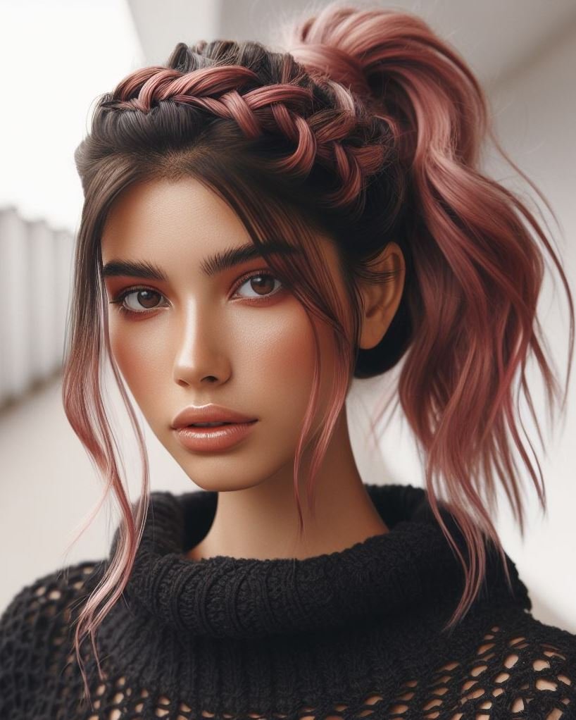 Boho Chic Meets Pink: A relaxed dusty pink low ponytail with a textured wrap adds a touch of bohemian flair.