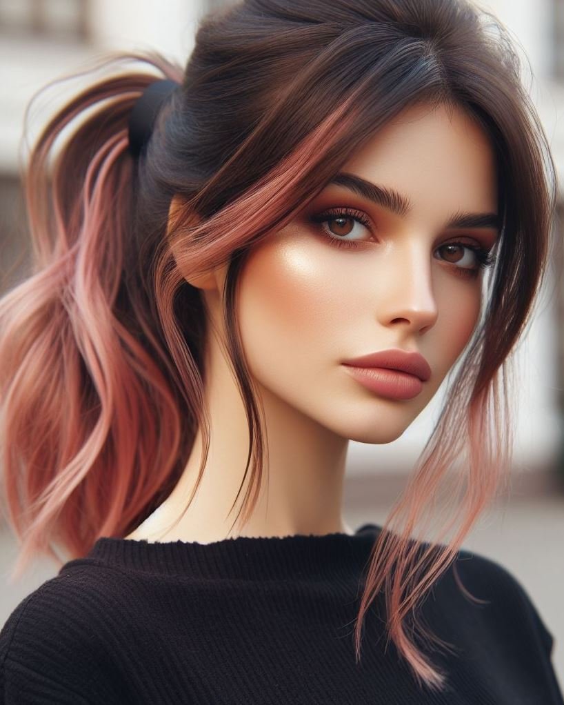 Festival Ready with a Pink Twist: Rock a low dusty pink ponytail with a braided wrap for a unique and stylish festival look.