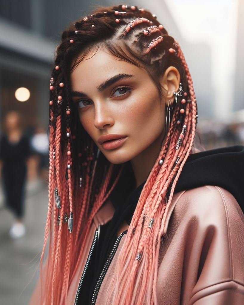 Salmon Statement: Intricate cornrows in a vibrant salmon pink are adorned with beads for a bold and beautiful protective style.