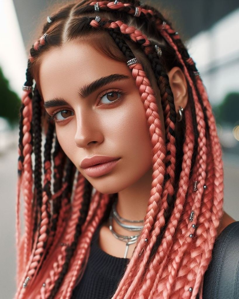 Braided Brilliance with a Touch of Pink: Salmon pink cornrows showcase stunning detail and vibrant color, accented with elegant beads.