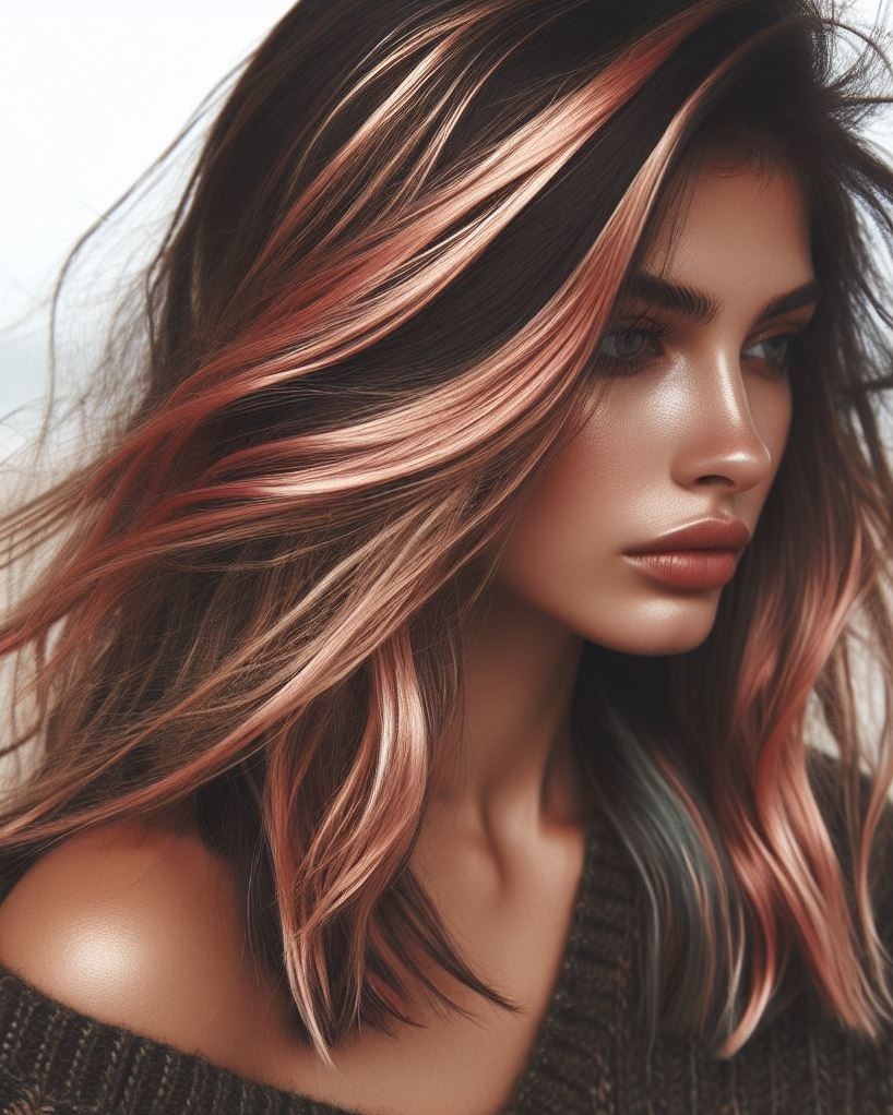 The Perfect Blend of Bold & Beautiful : Rose gold highlights offer a unique balance between a trendy statement and a flattering addition to brunette hair. Get inspired by these stunning looks!