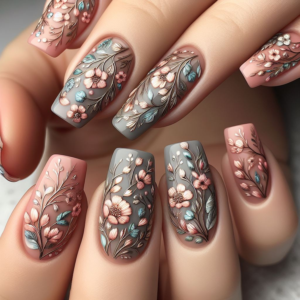 Embrace the beauty of nature with earthy tiny flowers and vines nail art! Delicate blooms in brown and green tones create a calming and grounded look, perfect for the free spirit who loves the outdoors. 