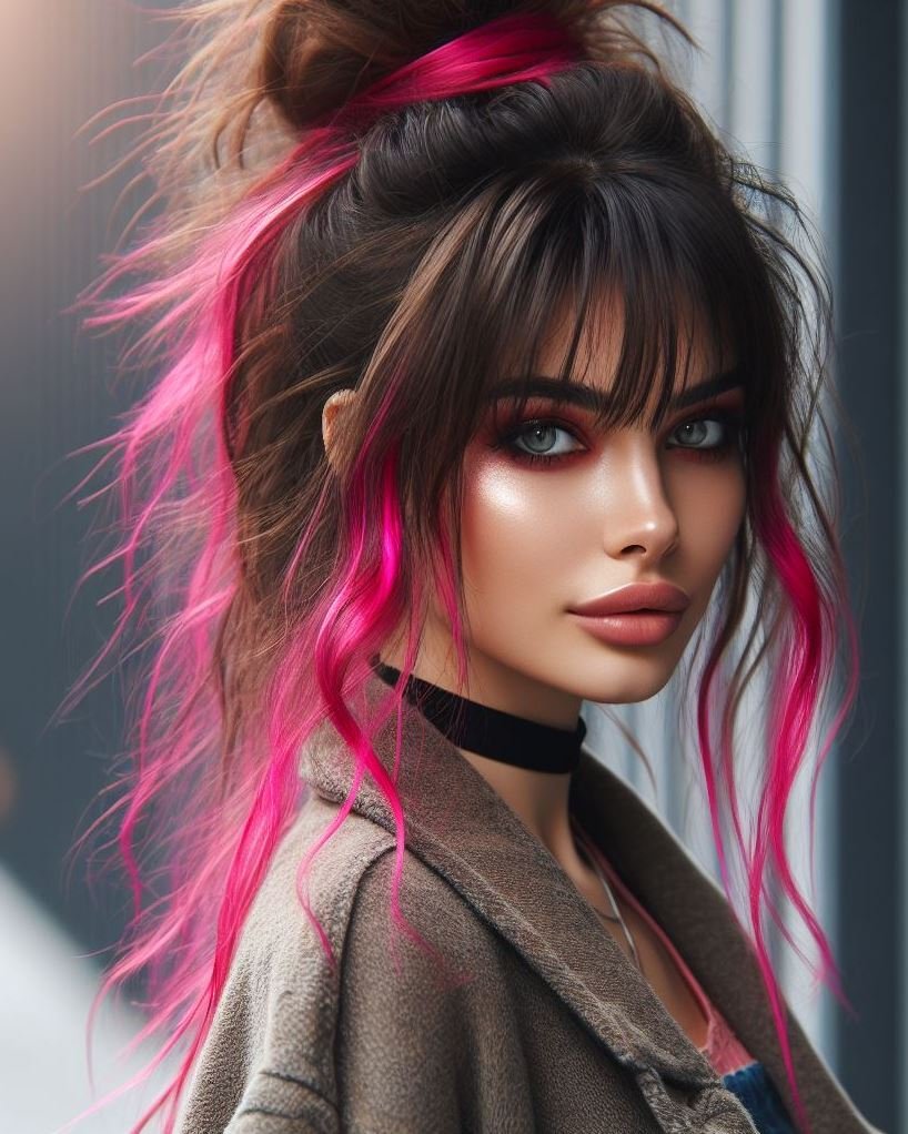 Pink Power Updo: A messy bun in a vibrant hot pink with playful bangs creates a bold and fun hairstyle. 
