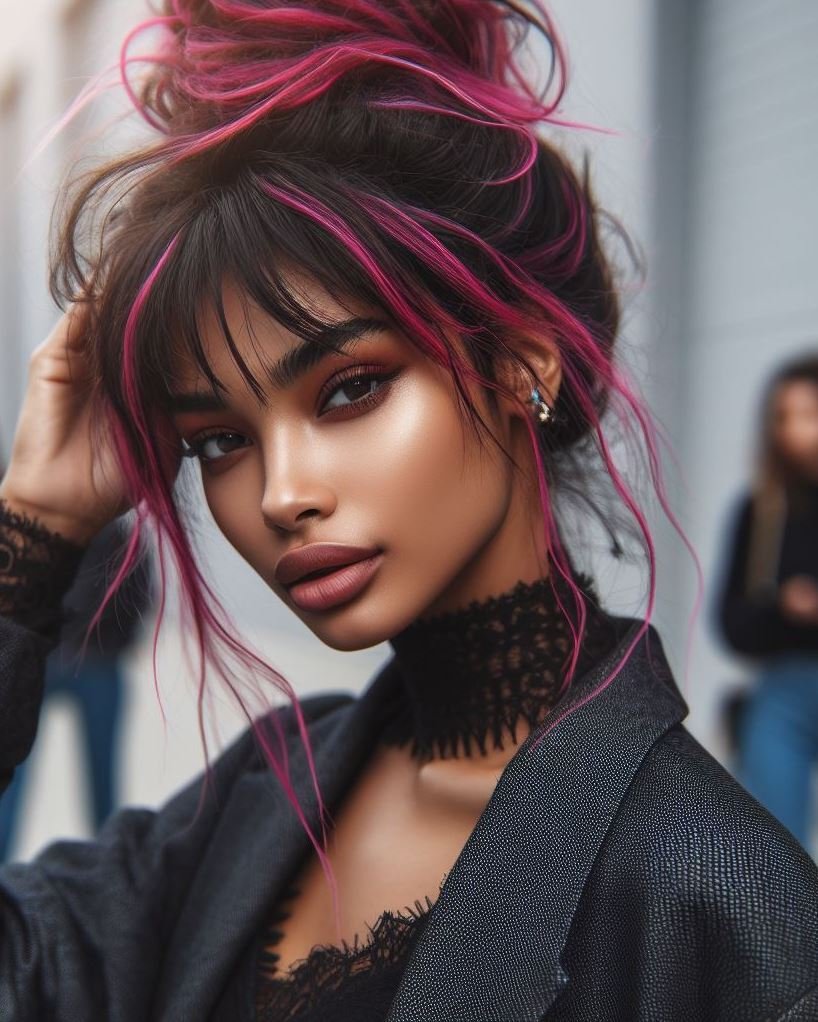 Rock Chick with a Pink Twist: Embrace your inner rockstar with a messy hot pink bun and edgy bangs.