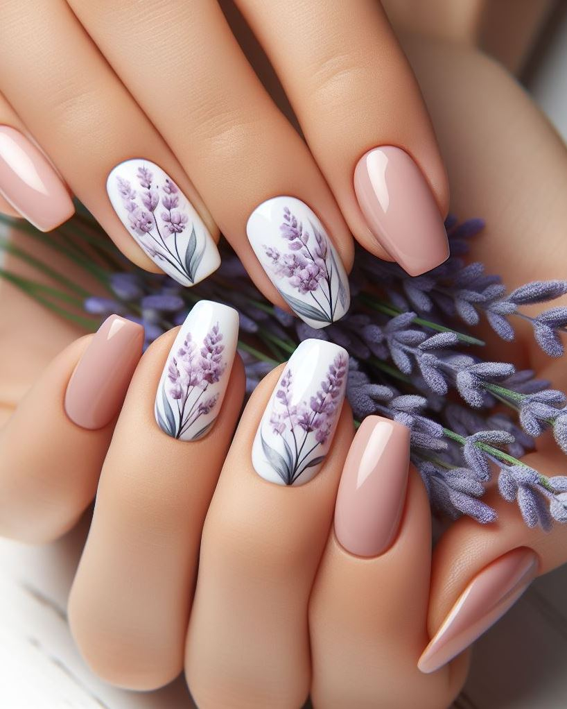 Feeling artsy? Explore watercolor techniques in your lavender peach floral nail art for a soft and ethereal look.