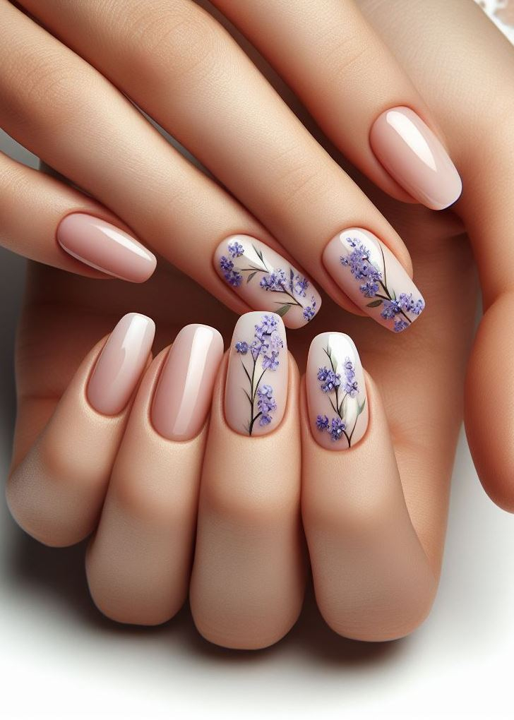 Obsessed with all things metallic? ✨ Elevate your lavender peach floral nail art with a touch of gold or silver accents for a touch of glamour. (Floral Nail Art Ideas)