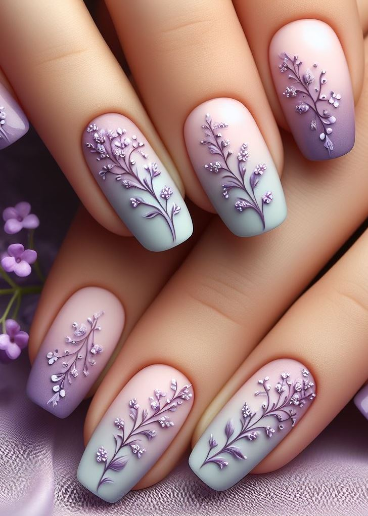 Calling all trendsetters! This geometric lavender peach floral nail art with tiny flowers and vines adds a modern twist to a classic design.