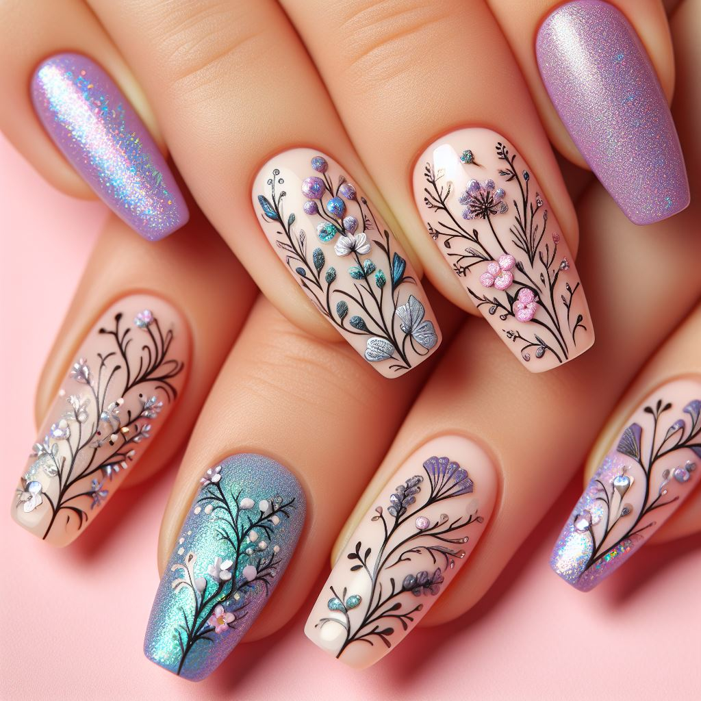 Feeling whimsical? Embrace the charm of lavender peach tiny flowers and vines nail art for a touch of springtime magic on your fingertips.