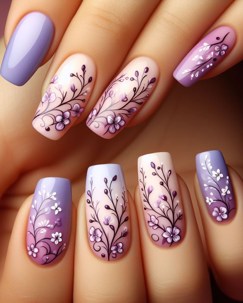 Ditch the boring mani! This lavender peach floral nail art with tiny flowers and vines adds a touch of elegance and femininity to your everyday look. (Floral Nail Art Ideas)