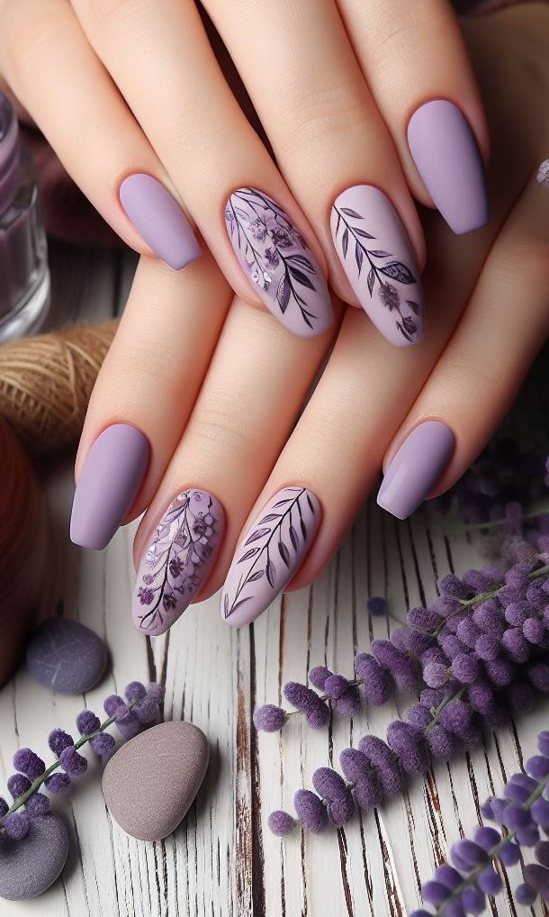 Upgrade your French mani! Recreate the classic design with a touch of lavender and peach florals for a unique and romantic look.