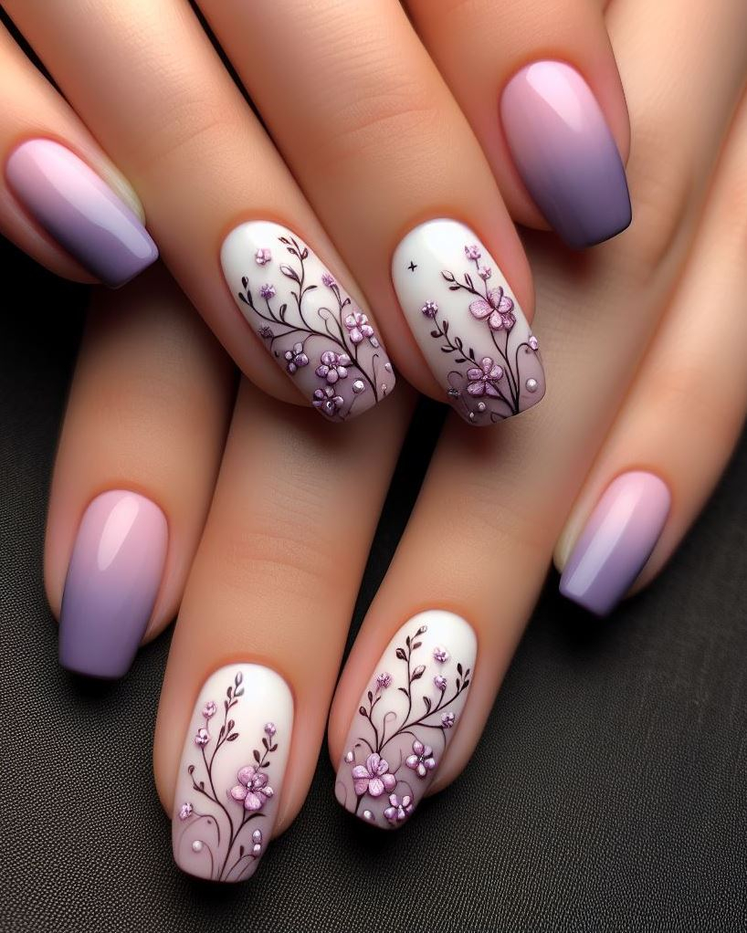 Calling all minimalists! Lavender peach tiny flowers and vines offer a chic and understated take on floral nail art, perfect for everyday wear. (Floral Nail Art Ideas)