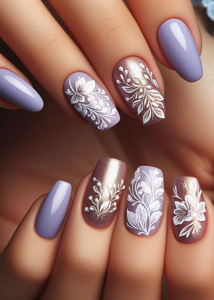 Channel your inner mermaid! Combine shimmering lavender and peach with tiny flowers and vines for a captivating underwater-inspired floral nail art design.