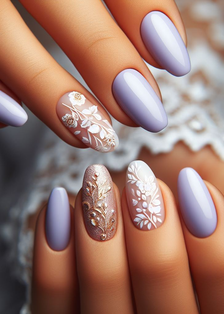 Feeling playful? Experiment with negative space designs in your lavender peach floral nail art, letting the delicate blooms take center stage. (Floral Nail Art Ideas)