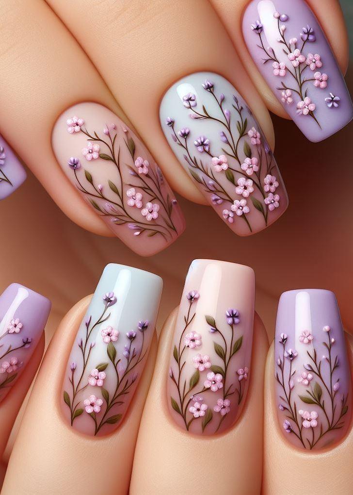 Summer vibes all year round! ☀️ This vibrant lavender peach floral nail art with tiny flowers and vines is the perfect way to bring a touch of sunshine to your fingertips. 