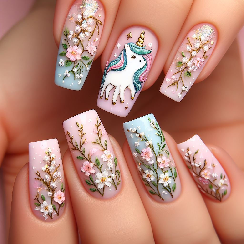 Believe in magic! ✨ Unicorn tiny flowers and vines nail art features whimsical blooms and a pearly white base for an enchanting look. 