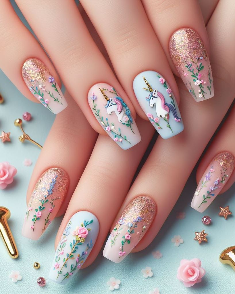 Let your creativity flow! ✨ Explore negative space designs in your unicorn floral nail art, letting the delicate blooms and a touch of shimmer take center stage. (Floral Nail Art Ideas)