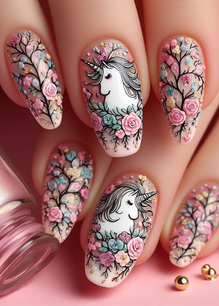 Don't be afraid to be bold! Experiment with metallic accents like gold or silver in your unicorn floral nail art for a touch of glamour.