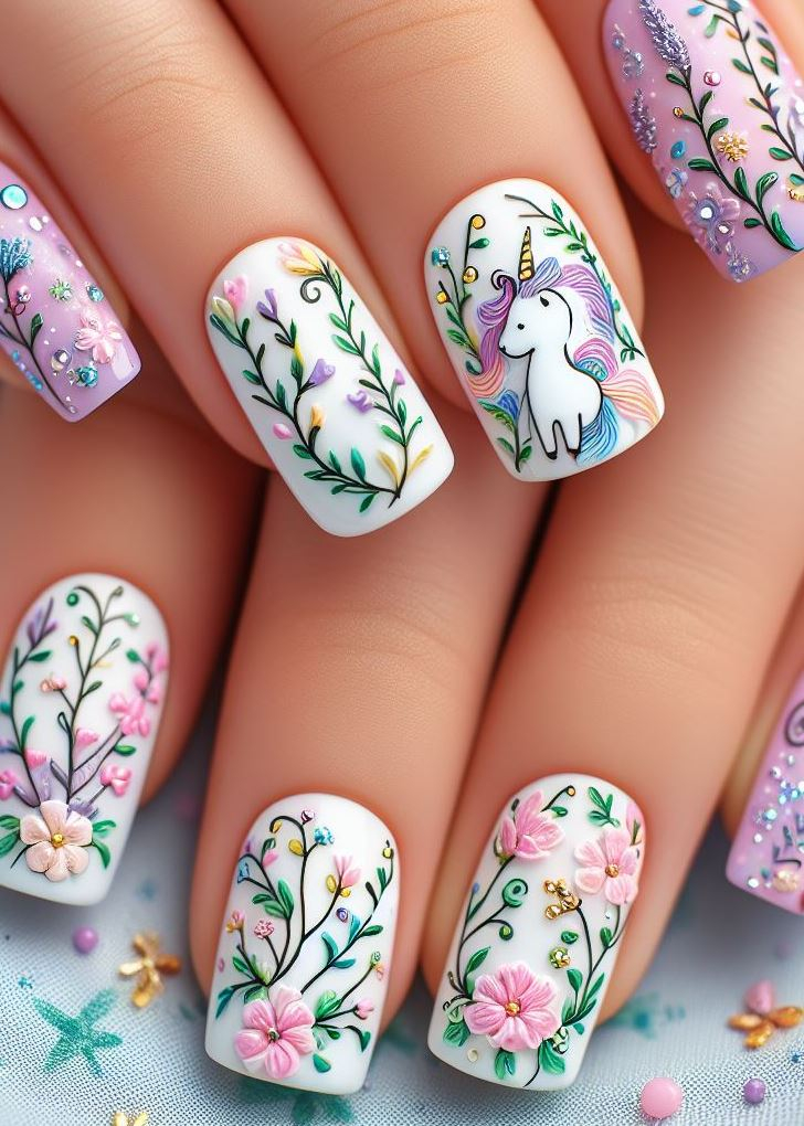 Feeling playful? ✨ This unicorn floral nail art design features tiny flowers and vines in a rainbow of colors, perfect for the young and young-at-heart. (Floral Nail Art Ideas)