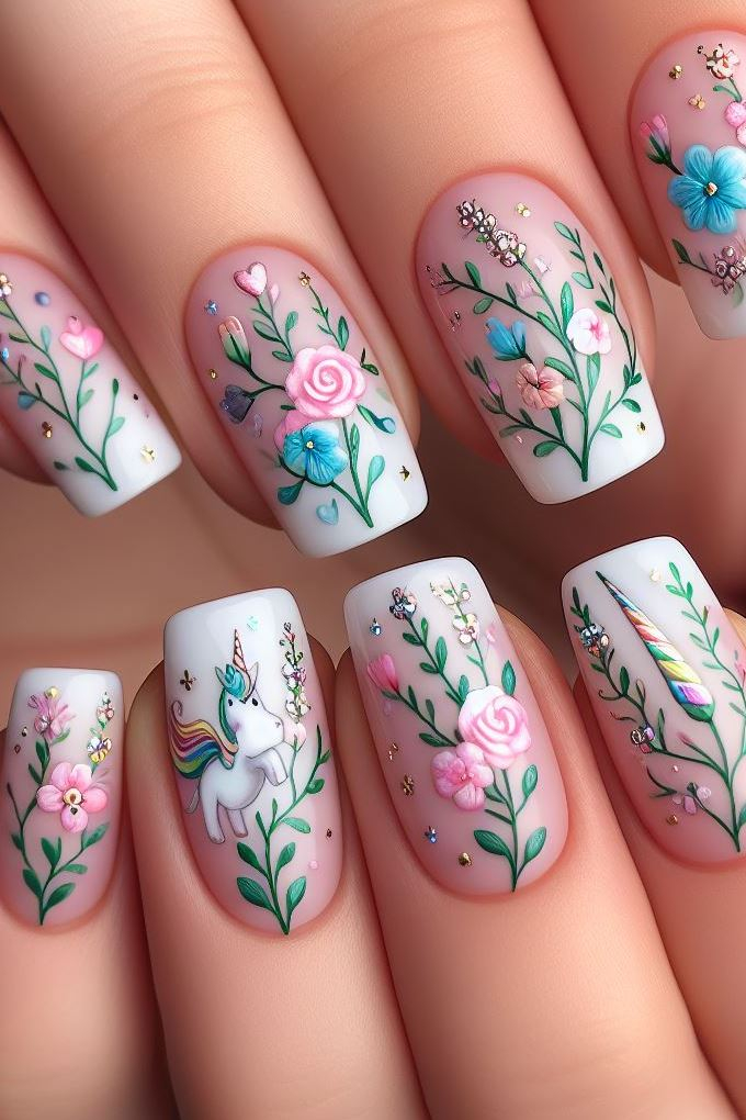 Channel your inner mermaid! ✨ Combine shimmering ocean hues with a pearly white base and delicate floral accents for a captivating unicorn-inspired nail art design. (Floral Nail Art Ideas)