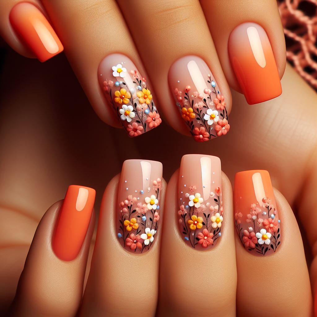 Sunshine on your fingertips! ☀️ Embrace the vibrancy of summer with orange tiny flowers and vines nail art. This cheerful design is perfect for anyone who loves a pop of color. 