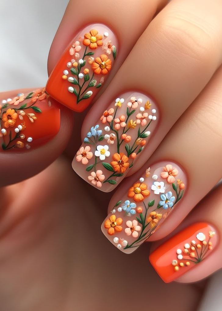 Ditch the boring mani! Bold and playful orange tiny flowers and vines nail art is a guaranteed conversation starter.