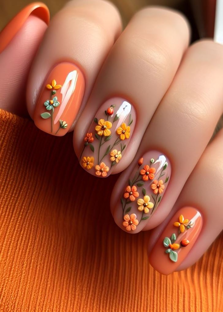 Halloween ready! Create a festive twist on floral nail art with orange and black tiny flowers and vines for a unique Halloween look. (Floral Nail Art Ideas)