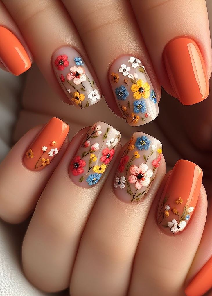 Go for glam! ✨ Elevate your orange tiny flowers and vines nail art with a touch of metallic gold or silver accents for a touch of sophistication. (Floral Nail Art Ideas)