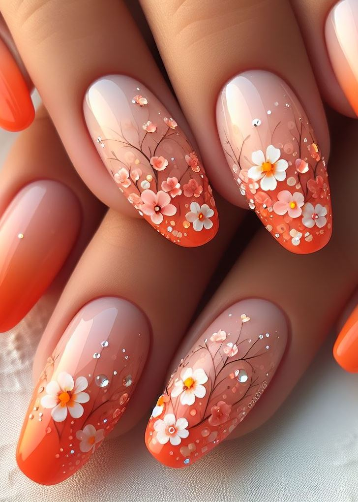 Feeling artsy? ✨ Explore watercolor techniques for your orange tiny flowers and vines nail art, creating a soft and dreamy look.